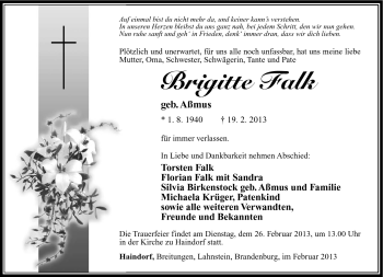 Traueranzeige von Brigitte Falk von Südthüringer Presse