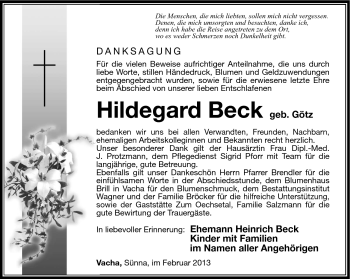 Traueranzeige von Hildegard Beck von Südthüringer Presse