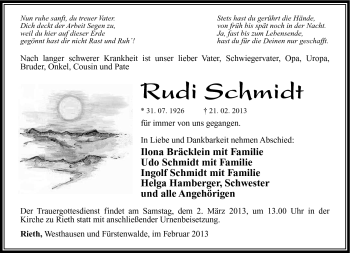 Traueranzeige von Rudi Schmidt von Südthüringer Presse