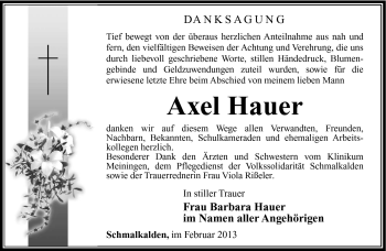 Traueranzeige von Axel Hauer von Südthüringer Presse