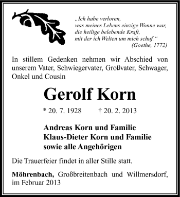 Traueranzeige von Gerolf Korn von Südthüringer Presse