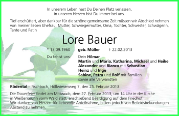 Traueranzeige von Lore Bauer von Neue Presse Coburg