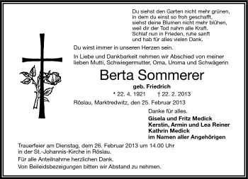 Traueranzeige von Berta Sommerer von Frankenpost