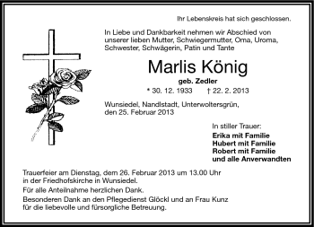 Traueranzeige von Marlies König von Frankenpost