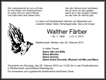 Traueranzeige von Walther Färber von Frankenpost