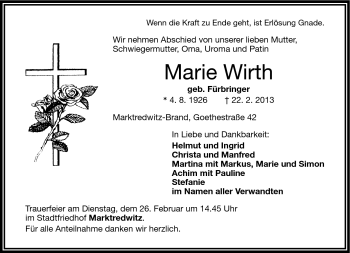 Traueranzeige von Marie Wirth von Frankenpost