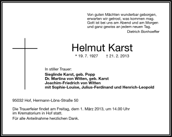 Traueranzeige von Helmut Karst von Frankenpost