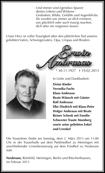 Traueranzeige von Erwin Ambrasas von Südthüringer Presse