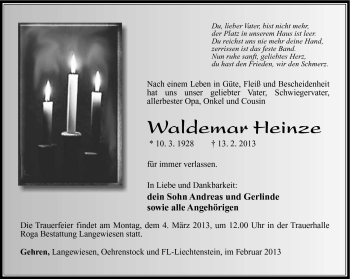 Traueranzeige von Waldemar Heinze von Südthüringer Presse