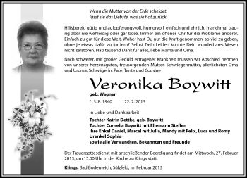Traueranzeige von Veronika Boywitt von Südthüringer Presse