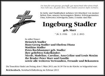 Traueranzeige von Ingeburg Stadler von Südthüringer Presse