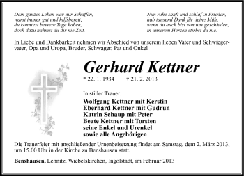 Traueranzeige von Gerhard Kettner von Südthüringer Presse