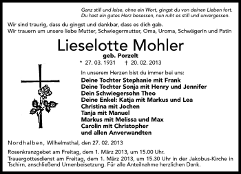 Traueranzeige von Lieselotte Mohler von Neue Presse Coburg