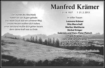 Traueranzeige von Manfred Krämer von Südthüringer Presse