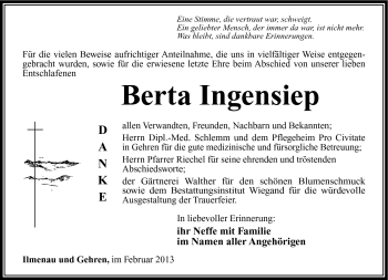 Traueranzeige von Berta Ingensiep von Südthüringer Presse