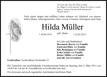 Traueranzeige von Hilda Müller von Neue Presse Coburg