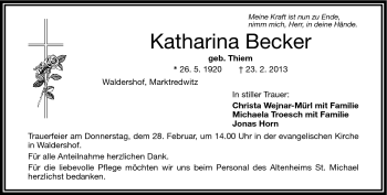 Traueranzeige von Katharina Becker von Frankenpost