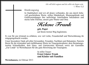 Traueranzeige von Helene Frank von Südthüringer Presse