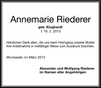 Traueranzeige von Annemarie Riederer von Frankenpost