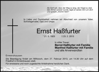 Traueranzeige von Ernst Haßfurter von Neue Presse Coburg