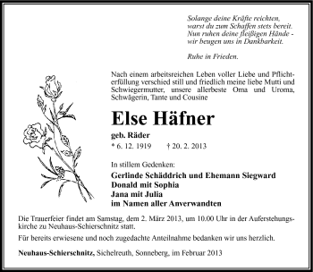 Traueranzeige von Else Häfner von Südthüringer Presse