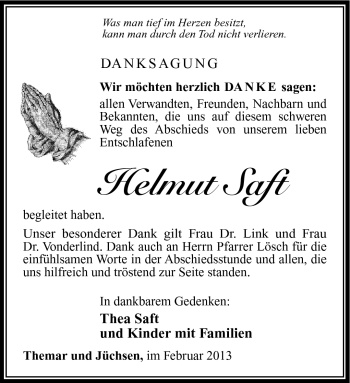 Traueranzeige von helmut Saft von Südthüringer Presse