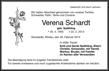 Traueranzeige von Verena Schardt von Frankenpost