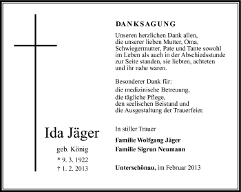 Traueranzeige von Ida Jäger von Südthüringer Presse