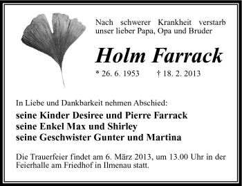 Traueranzeige von Holm Farrack von Südthüringer Presse