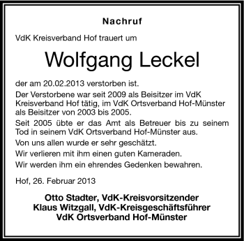Traueranzeige von Wolfgang Leckel von Frankenpost