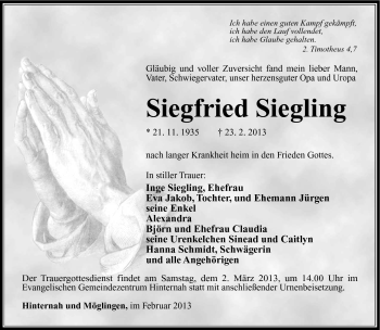 Traueranzeige von Siegfried Siegling von Südthüringer Presse