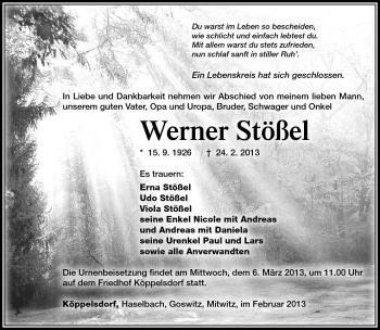 Traueranzeige von werner Stößel von Südthüringer Presse
