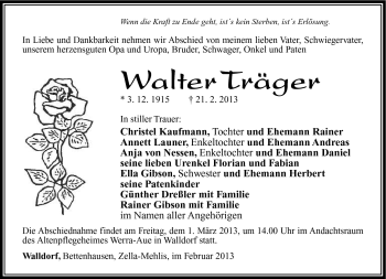 Traueranzeige von Walter Träger von Südthüringer Presse