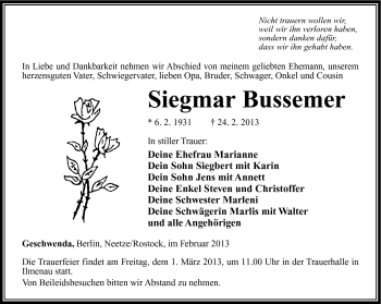 Traueranzeige von Siegmar Bussemer von Südthüringer Presse