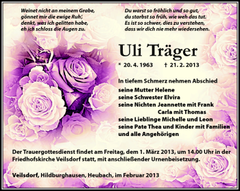 Traueranzeige von Uli Träger von Südthüringer Presse