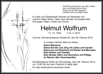 Traueranzeige von Helmut Wolfrum von Frankenpost