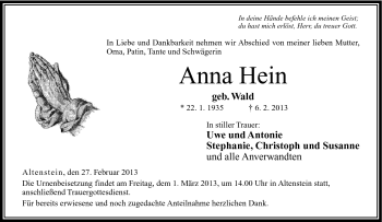 Traueranzeige von Anna Hein von Neue Presse Coburg
