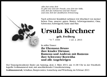 Traueranzeige von Ursula Kirchner von Südthüringer Presse