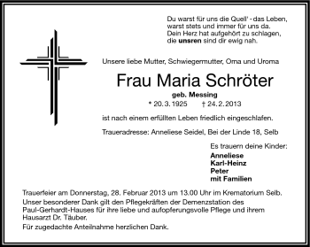 Traueranzeige von Maria Schröter von Frankenpost