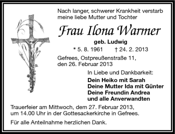Traueranzeige von Ilona Warmer von Frankenpost