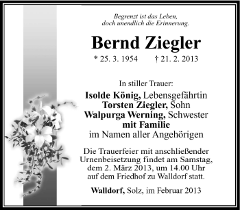 Traueranzeige von Bernd Ziegler von Südthüringer Presse