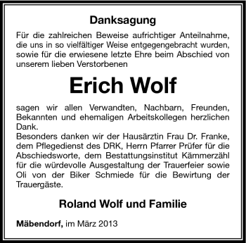 Traueranzeige von Erich Wolf von Südthüringer Presse
