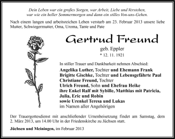 Traueranzeige von Gertrud Freund von Südthüringer Presse