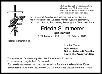 Traueranzeige von Frieda Summerer von Frankenpost