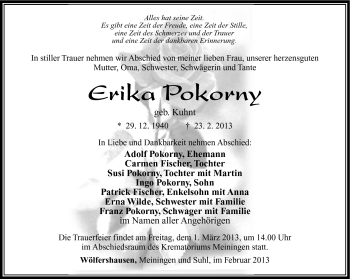 Traueranzeige von Erika Pokorny von Südthüringer Presse