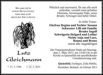 Traueranzeige von Lutz Gleichmann von Südthüringer Presse