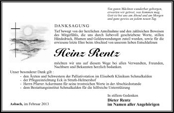 Traueranzeige von Heinz Rentz von Südthüringer Presse