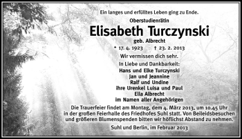 Traueranzeige von Elisabeth Turczynski von Südthüringer Presse