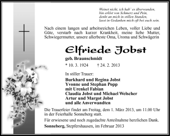 Traueranzeige von Elfriede Jobst von Südthüringer Presse