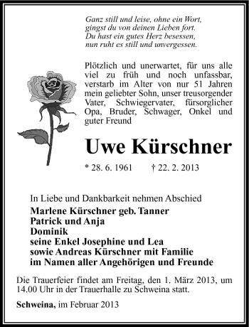 Traueranzeige von Uwe Kürschner von Südthüringer Presse